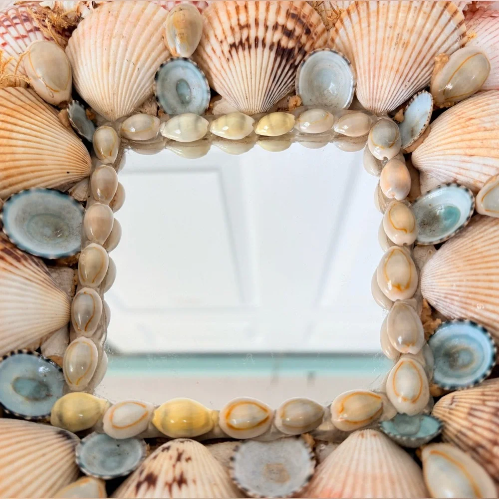 Vintage Handmade Square Seashell Mirror Hawaii Coastal Beach 11”x11”